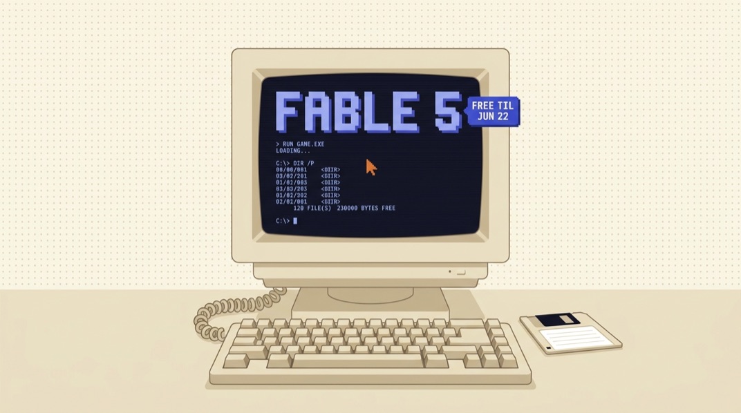 Beige CRT monitor showing a navy terminal with pixel text reading FABLE 5 next to a royal-blue tag reading FREE TIL JUN 22, with a floppy disk and keyboard in front.