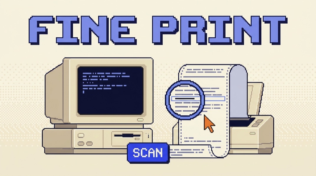Beige vintage computer beside a dot-matrix printer feeding out a contract, a pixel magnifying glass over one line, pixel headline reading FINE PRINT and a royal-blue SCAN tag.