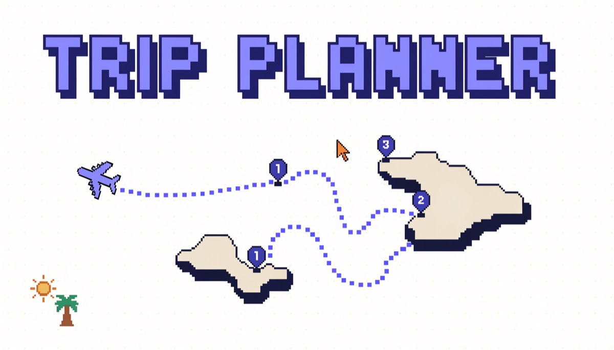 8-bit pixel-art travel map with a dotted blue route running past three numbered pins between two beige islands, a pixel airplane, a small sun and palm tree, and an orange cursor, under a chunky pixel headline reading TRIP PLANNER.