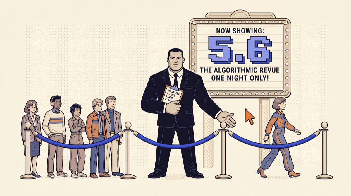 8-bit pixel-art of a bouncer in a navy suit holding a clipboard, standing behind a royal blue velvet rope guarding a glowing marquee that reads 5.6, with a line of small pixel people waiting outside and only one let through, and an orange pixel cursor.
