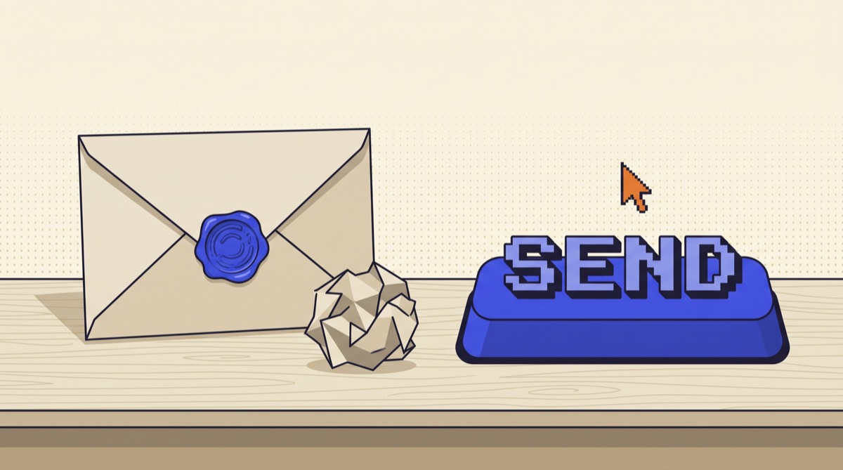 8-bit pixel-art of a beige envelope sealed with a royal blue wax stamp beside a crumpled paper draft, next to a large royal blue button reading SEND with an orange pixel cursor hovering over it.