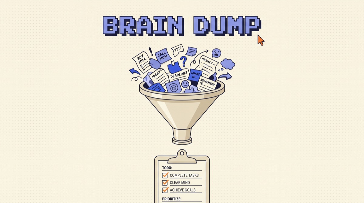 Retro illustration of a big beige funnel: a chaotic swirl of scattered sticky notes, torn to-do lists and question marks pours into the wide top, and one neat, clipped checklist with orange checkmarks comes out the bottom, with a pixel headline reading BRAIN DUMP and an orange cursor.